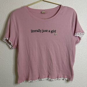 literally Just a girl- Pink Graphic Tee with Ruffle Edges- cropped- Size XL